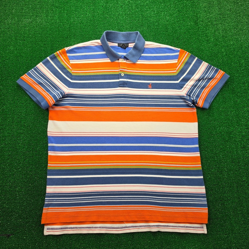 Express Striped Polo Shirt Mens Large Blue Orange White Short Sleeve Lion Logo